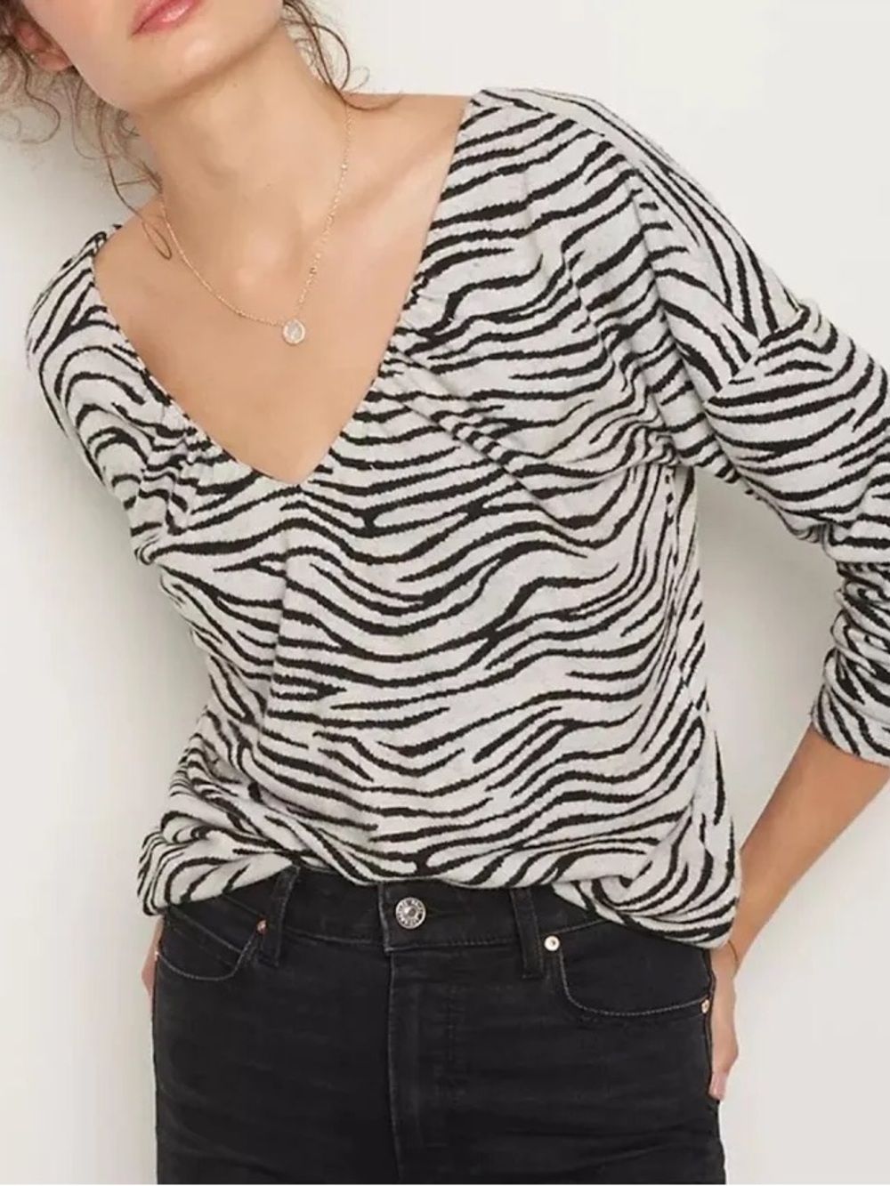 Anthropologie Black & White Zebra-Striped V-Neck Top